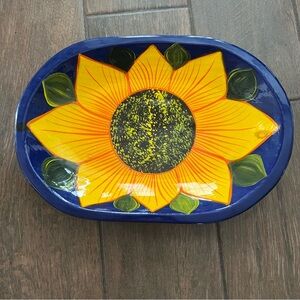 Mexican Folk Art Painted Wood Sunflower Oval Bowl by Francisco Neri